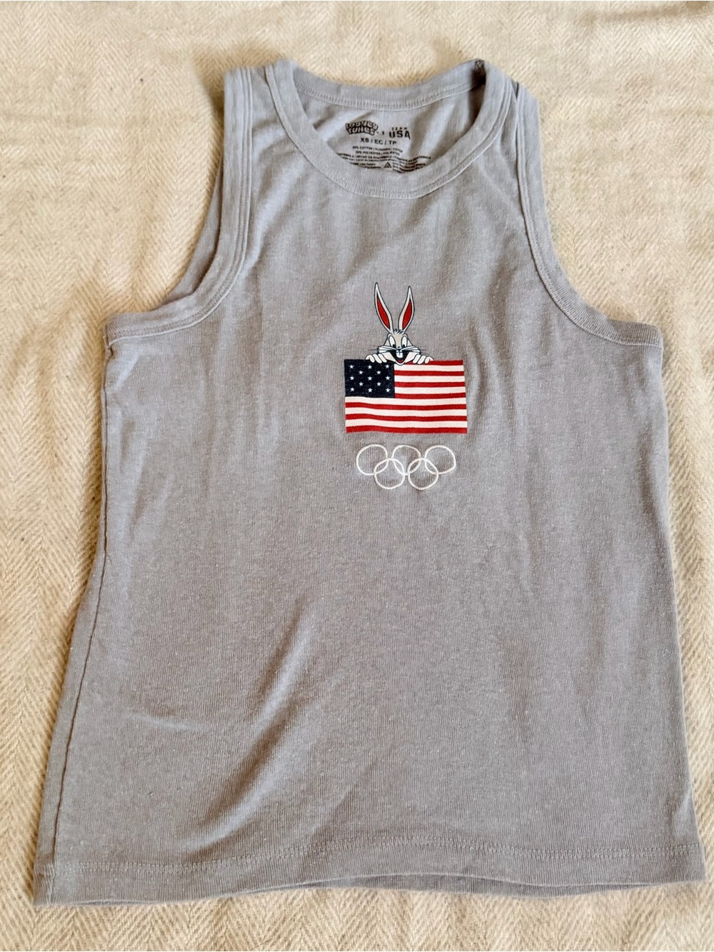 Looney Tunes Team USA Flag Olympic Gray Tank Top XS Bugs Bunny Embroidered Rings